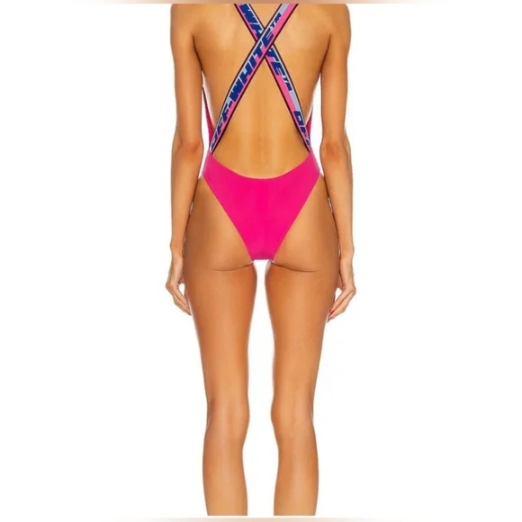 Off-White Tape Ribbed Swimsuit $390 Fuschia Blue White Small - Picture 2 of 11